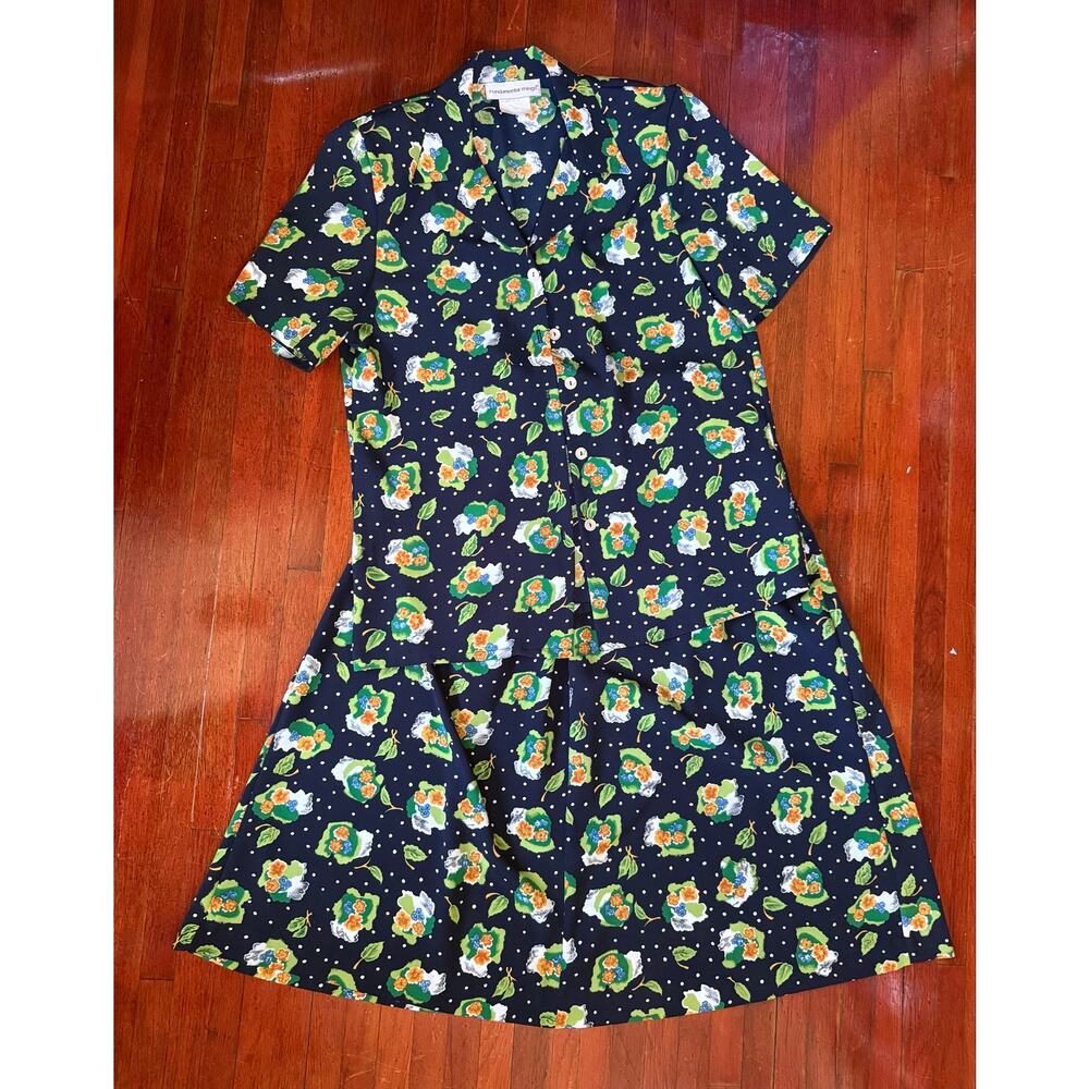 Vintage 90's Fundamental Things Navy Blue Polka Dot Floral Cottage Skirt Set Med